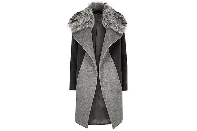 River Island Grey faux fur collar coat